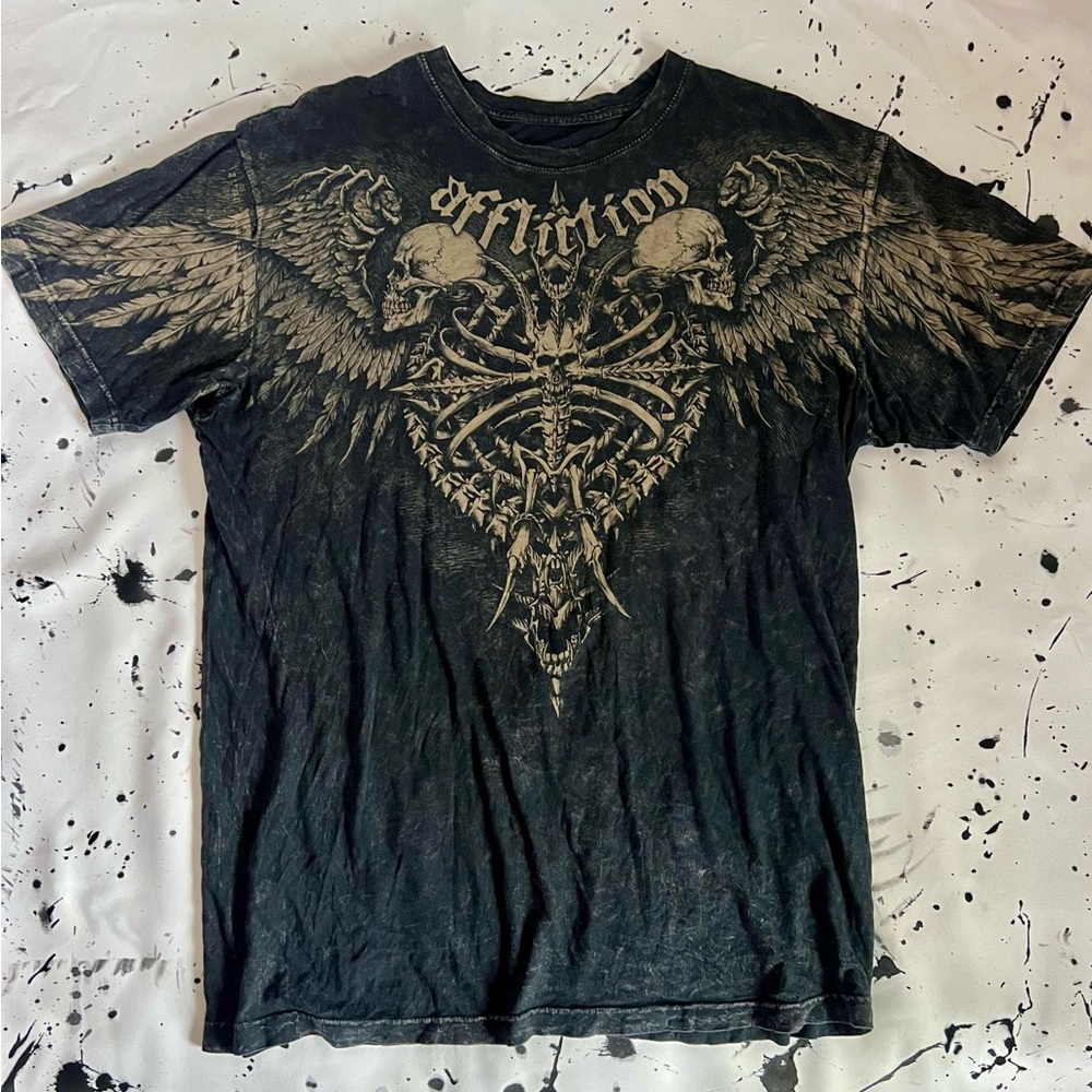 Affliction Men's Black and brown Winged Skull Tee Y2K goth grunge